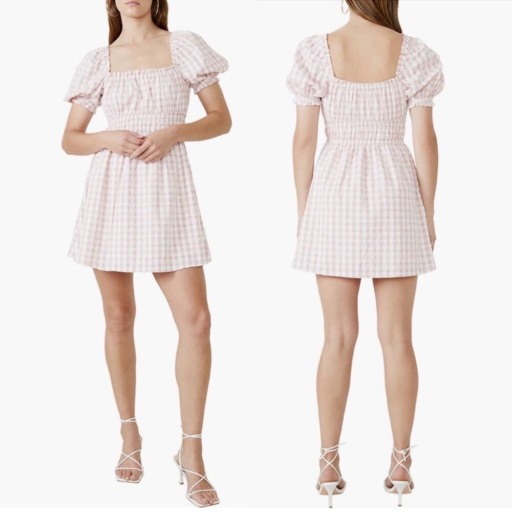 💗Bardot Bridgette Light Pink Gingham Eyelet Embroidered Puff Sleeve Mini Dress
